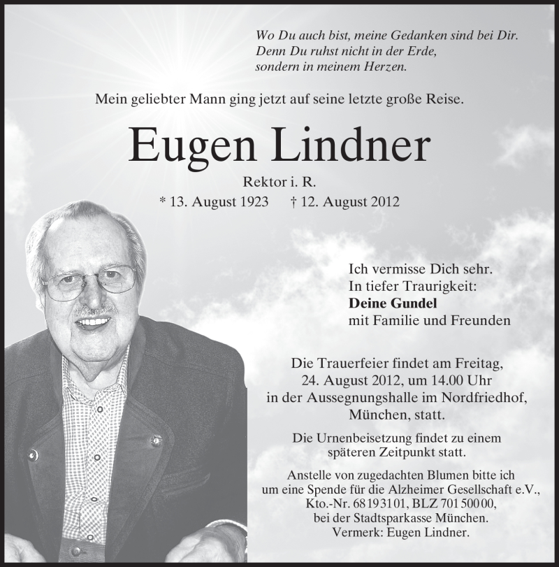  Traueranzeige für Eugen Lindner vom 14.08.2012 aus MERKUR & TZ