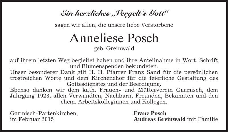 Traueranzeige für Anneliese Posch vom 21.02.2015 aus merkurtz