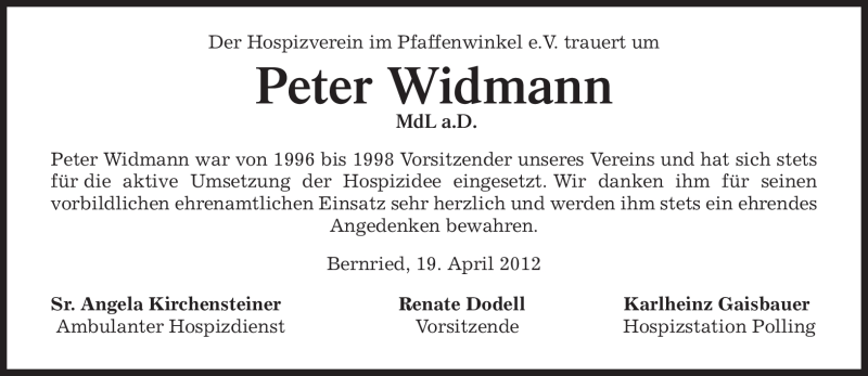  Traueranzeige für Peter Widmann vom 20.04.2012 aus MERKUR & TZ