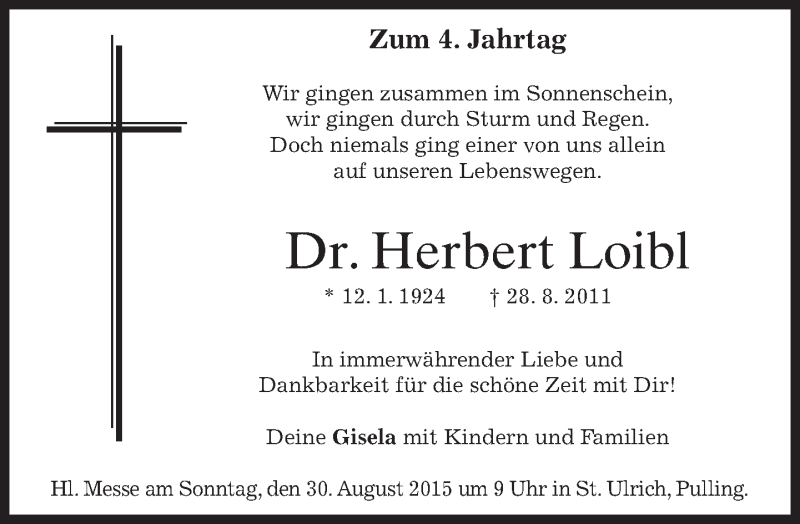  Traueranzeige für Herbert Loibl vom 29.08.2015 aus merkurtz