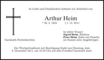 Traueranzeige von Arthur Heim von MERKUR & TZ