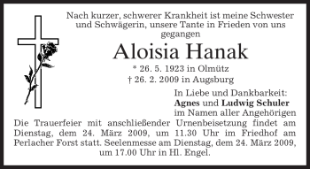 Traueranzeige von Aloisia Hanak von MERKUR & TZ