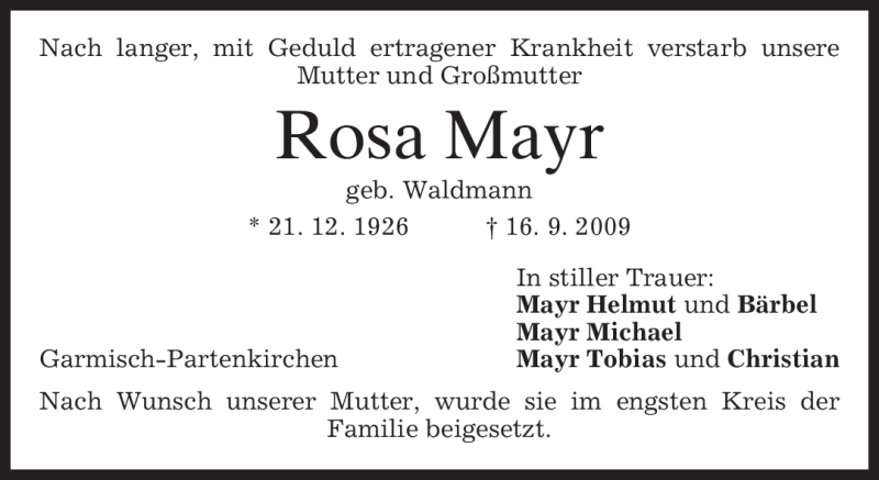  Traueranzeige für Rosa Mayr vom 17.10.2009 aus MERKUR & TZ