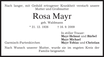 Traueranzeige von Rosa Mayr von MERKUR & TZ