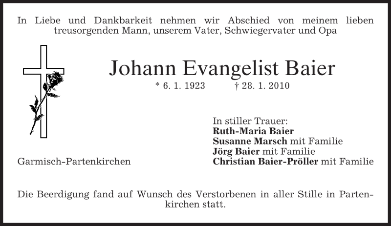  Traueranzeige für Johann Evangelist Baier vom 03.02.2010 aus MERKUR & TZ
