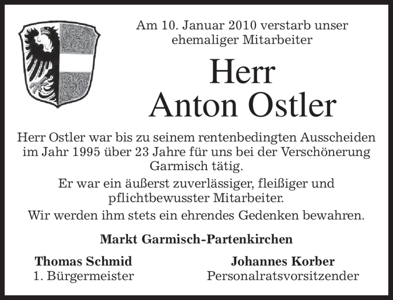  Traueranzeige für Anton Ostler vom 14.01.2010 aus MERKUR & TZ