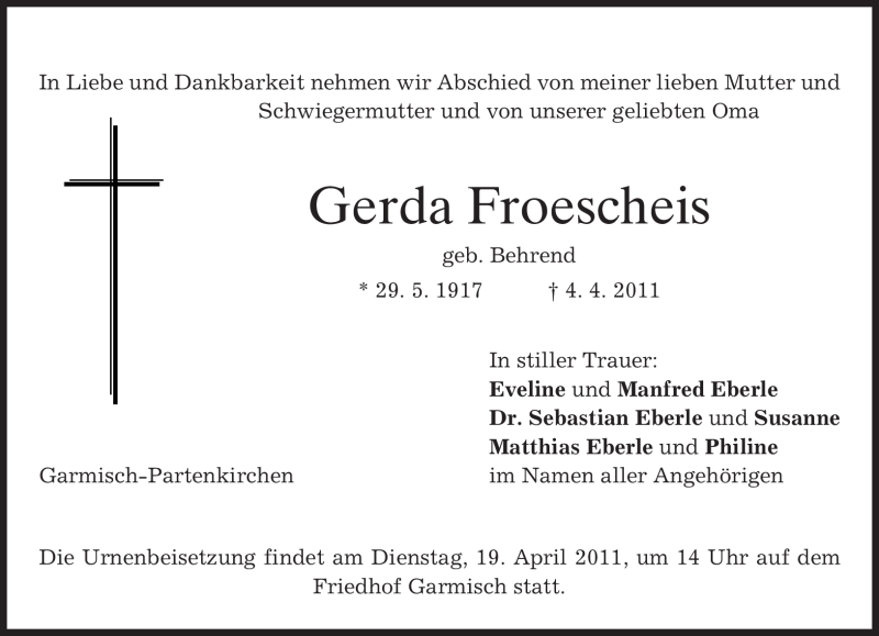  Traueranzeige für Gerda Froescheis vom 15.04.2011 aus MERKUR & TZ