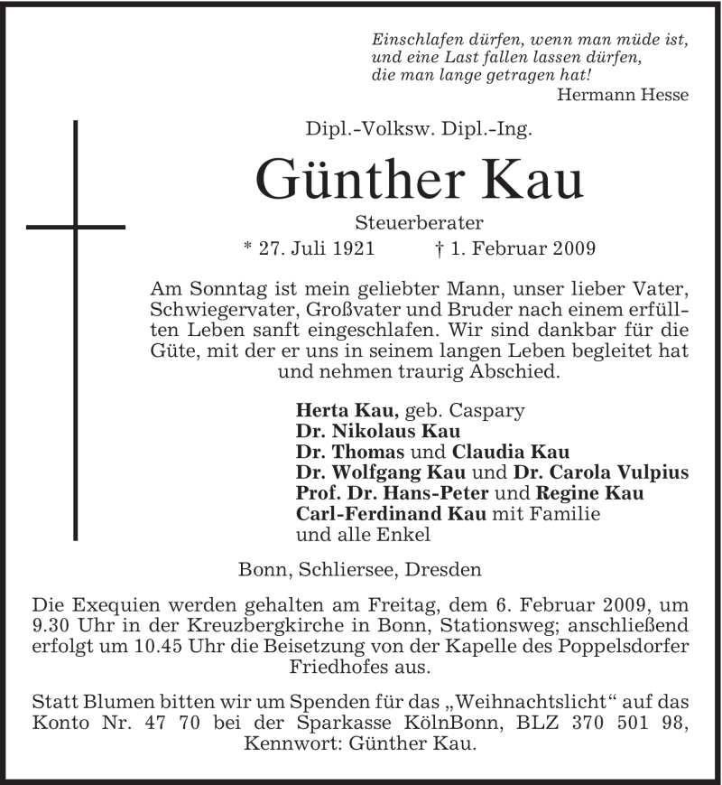  Traueranzeige für Günther Kau vom 04.02.2009 aus MERKUR & TZ