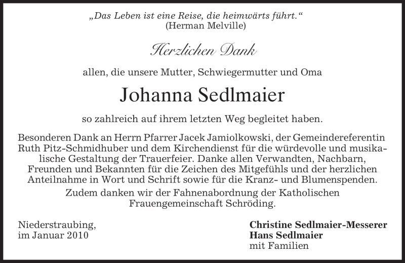  Traueranzeige für Johanna Sedlmaier vom 30.01.2010 aus MERKUR & TZ