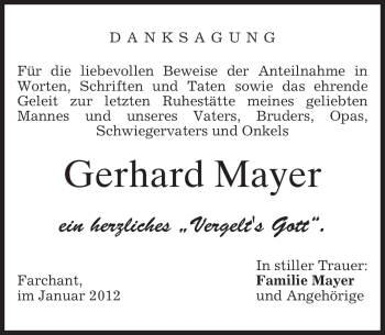 Traueranzeige von Gerhard Mayer von MERKUR & TZ