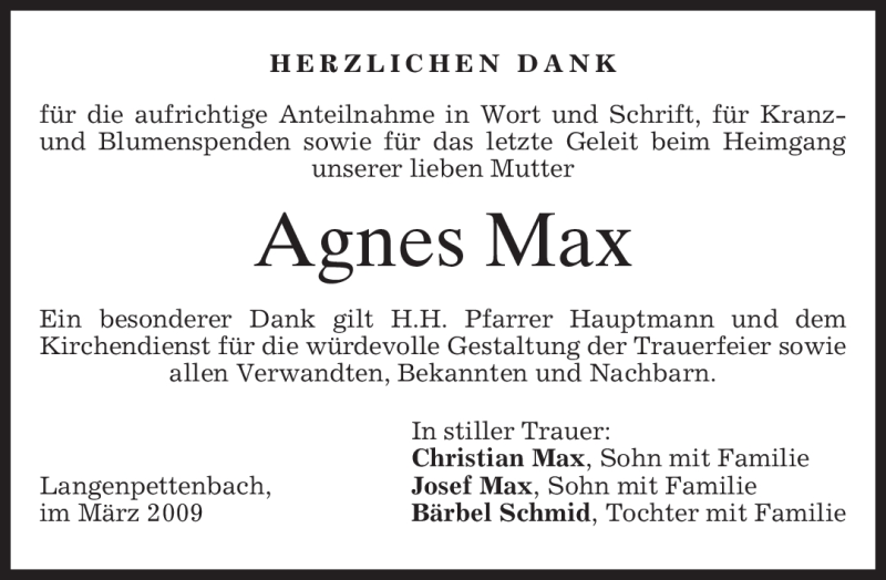  Traueranzeige für Agnes Max vom 21.03.2009 aus MERKUR & TZ