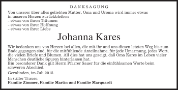 Traueranzeige von Johanna Kares von merkurtz