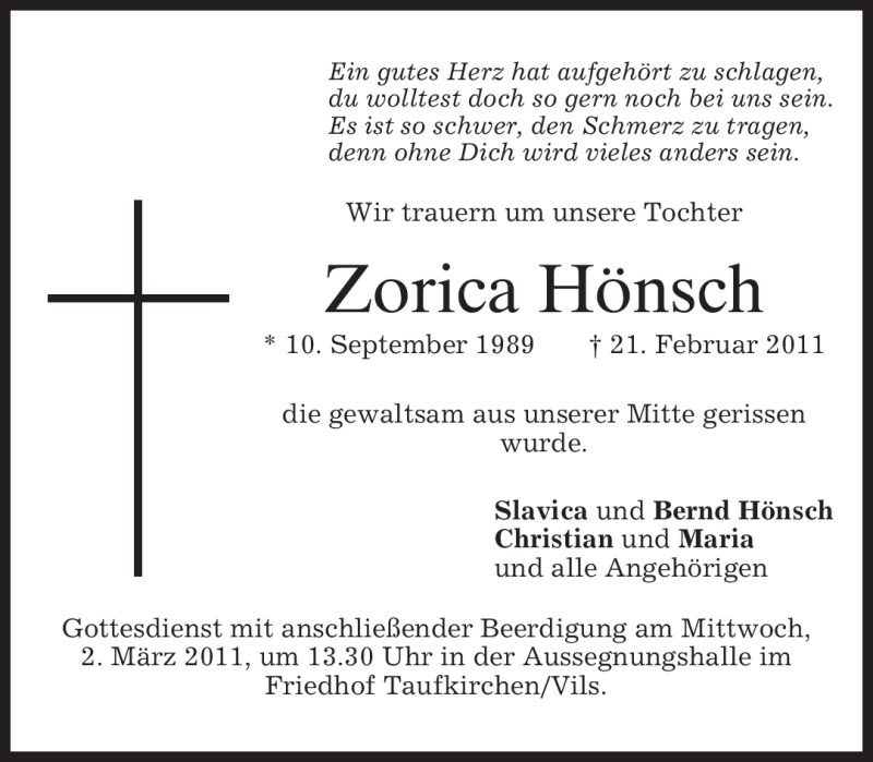  Traueranzeige für Zorica Hönsch vom 28.02.2011 aus MERKUR & TZ