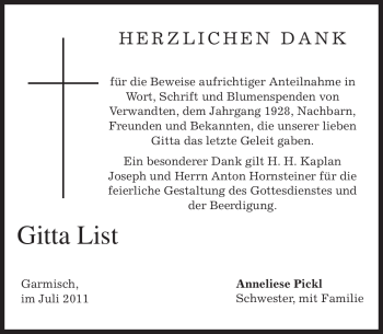 Traueranzeige von Gitta List von MERKUR & TZ