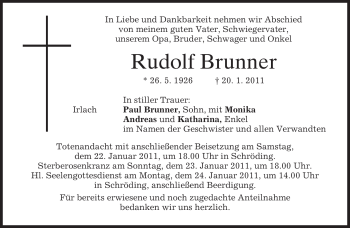 Traueranzeige von Rudolf Brunner von MERKUR & TZ