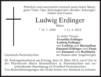 Traueranzeige von Ludwig Erdinger von MERKUR & TZ
