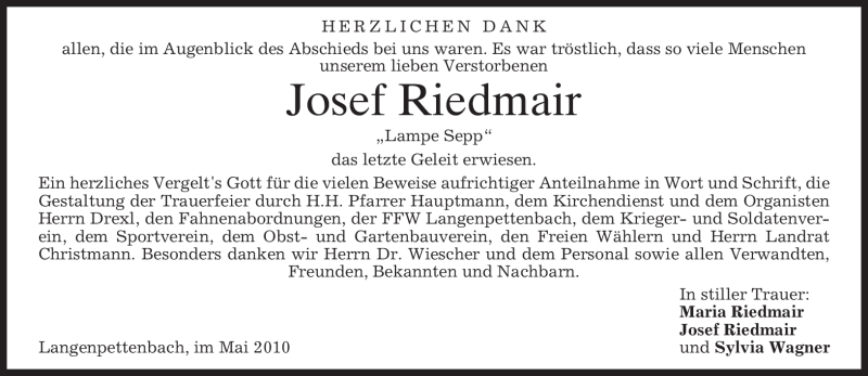  Traueranzeige für Josef Riedmair vom 29.05.2010 aus MERKUR & TZ