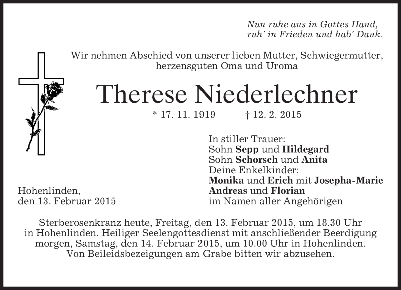  Traueranzeige für Therese Niederlechner vom 13.02.2015 aus merkurtz