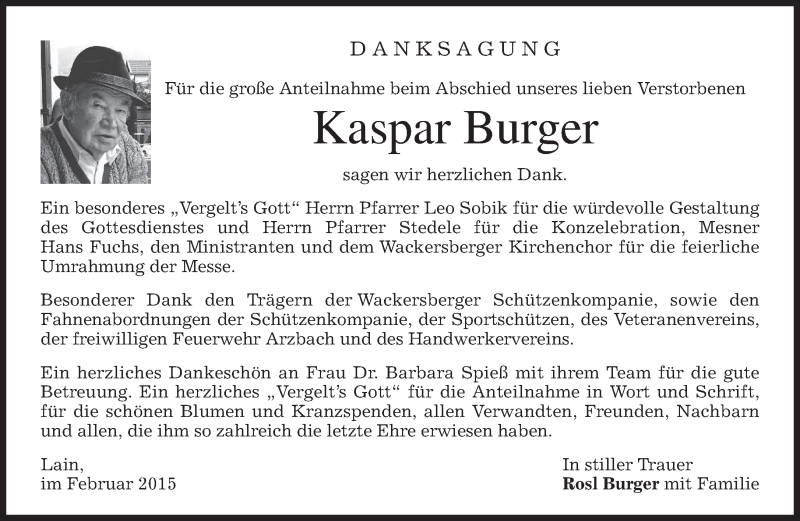  Traueranzeige für Kaspar Burger vom 14.02.2015 aus merkurtz