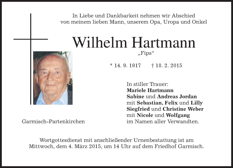  Traueranzeige für Wilhelm Hartmann vom 28.02.2015 aus merkurtz