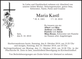 Traueranzeige von Maria Kastl von MERKUR & TZ