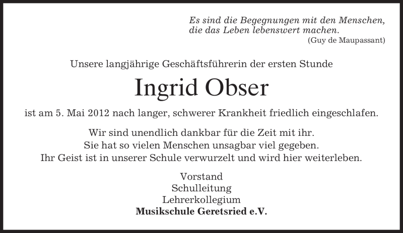  Traueranzeige für Ingrid Obser vom 10.05.2012 aus MERKUR & TZ