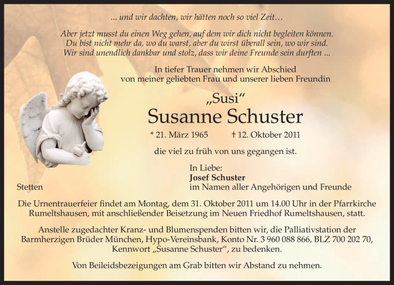  Traueranzeige für Susanne Schuster vom 26.10.2011 aus MERKUR & TZ