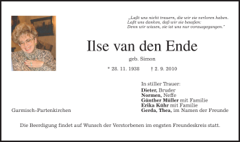 Traueranzeige von Ilse van den Ende von MERKUR & TZ