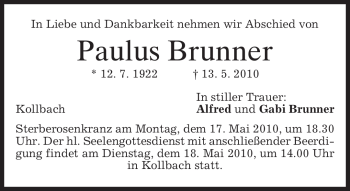 Traueranzeige von Paulus Brunner von MERKUR & TZ