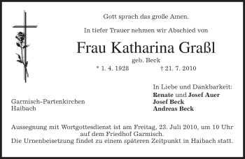 Traueranzeige von Katharina Graßl von MERKUR & TZ