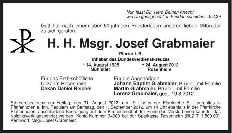  Traueranzeige für Josef Grabmaier vom 27.08.2012 aus MERKUR & TZ