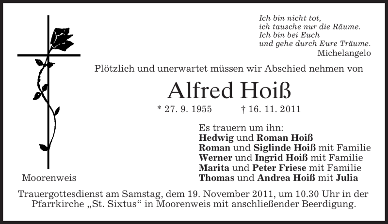  Traueranzeige für Alfred Hoiß vom 18.11.2011 aus MERKUR & TZ
