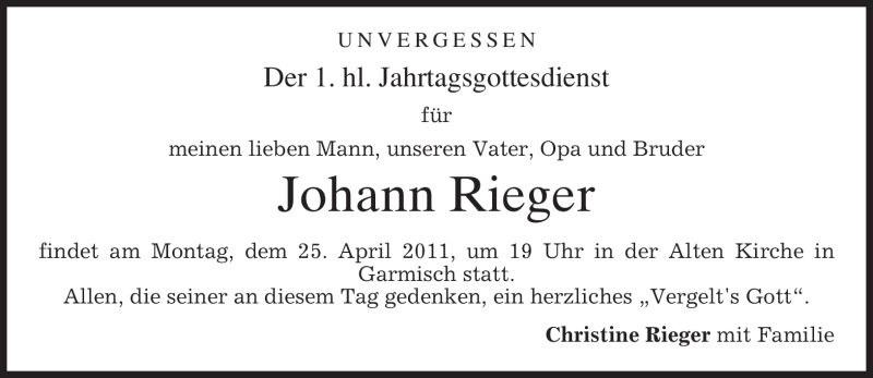  Traueranzeige für Johann Rieger vom 23.04.2011 aus MERKUR & TZ