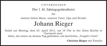 Traueranzeige von Johann Rieger von MERKUR & TZ