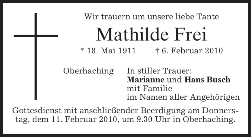  Traueranzeige für Mathilde Frei vom 08.02.2010 aus MERKUR & TZ