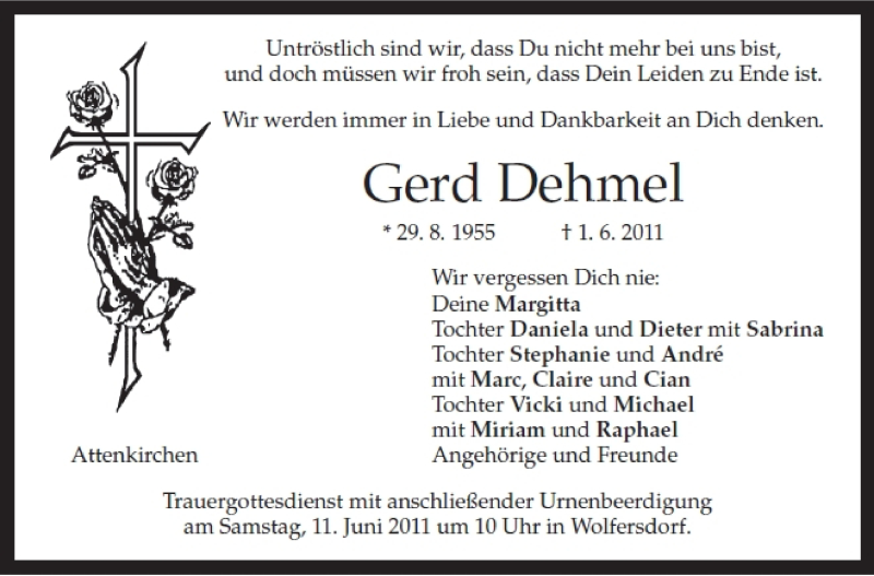  Traueranzeige für Gerd Dehmel vom 08.06.2011 aus MERKUR & TZ