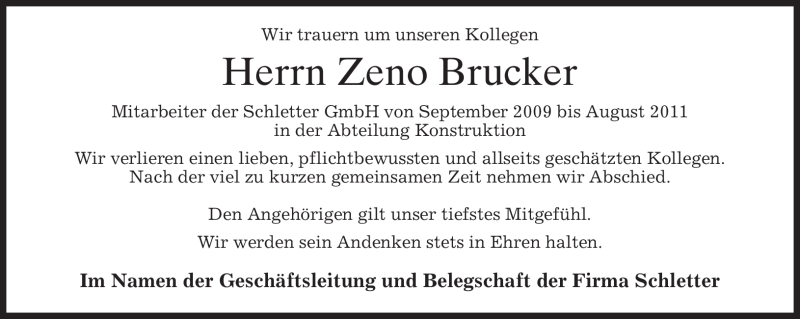  Traueranzeige für Zeno Brucker vom 06.08.2011 aus MERKUR & TZ