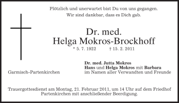 Traueranzeige von Helga Mokros-Brockhoff von MERKUR & TZ