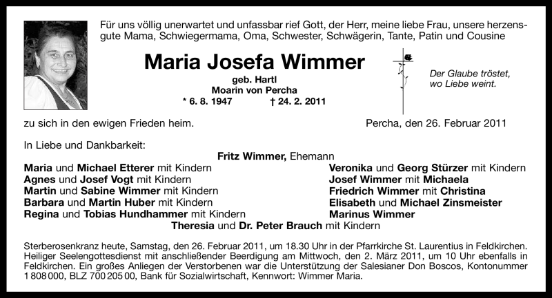  Traueranzeige für Maria Josefa Wimmer vom 26.02.2011 aus MERKUR & TZ