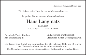 Traueranzeige von Hans Langmatz von MERKUR & TZ