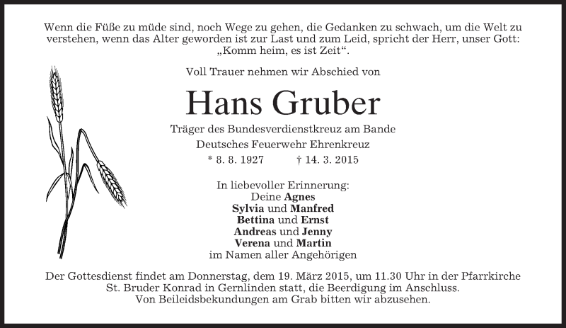  Traueranzeige für Hans Gruber vom 17.03.2015 aus merkurtz