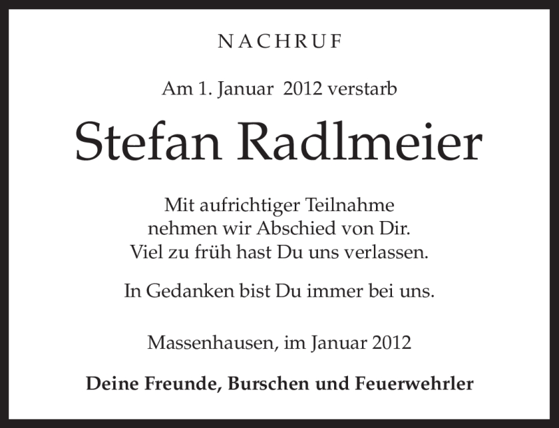  Traueranzeige für Stefan Radlmeier vom 21.01.2012 aus MERKUR & TZ