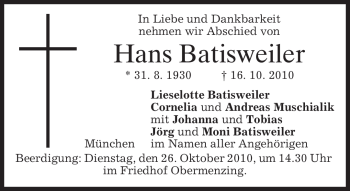 Traueranzeige von Hans Batisweiler von MERKUR & TZ