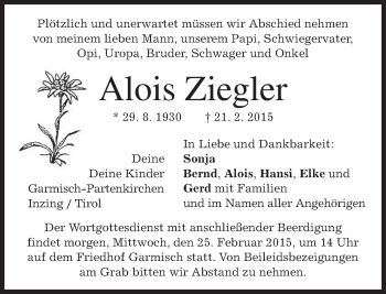 Traueranzeige von Alois Ziegler von merkurtz