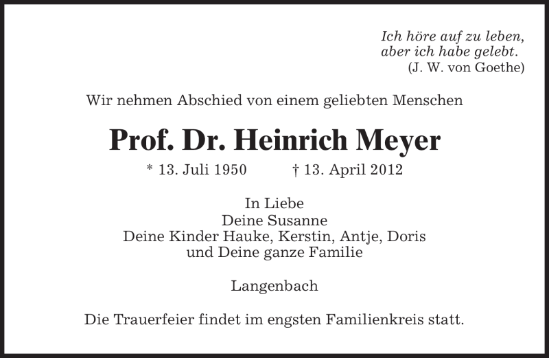  Traueranzeige für Heinrich Meyer vom 17.04.2012 aus MERKUR & TZ