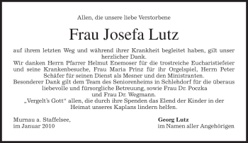 Traueranzeige von Josefa Lutz von MERKUR & TZ