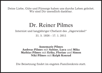 Traueranzeige von Reiner Pilmes von MERKUR & TZ