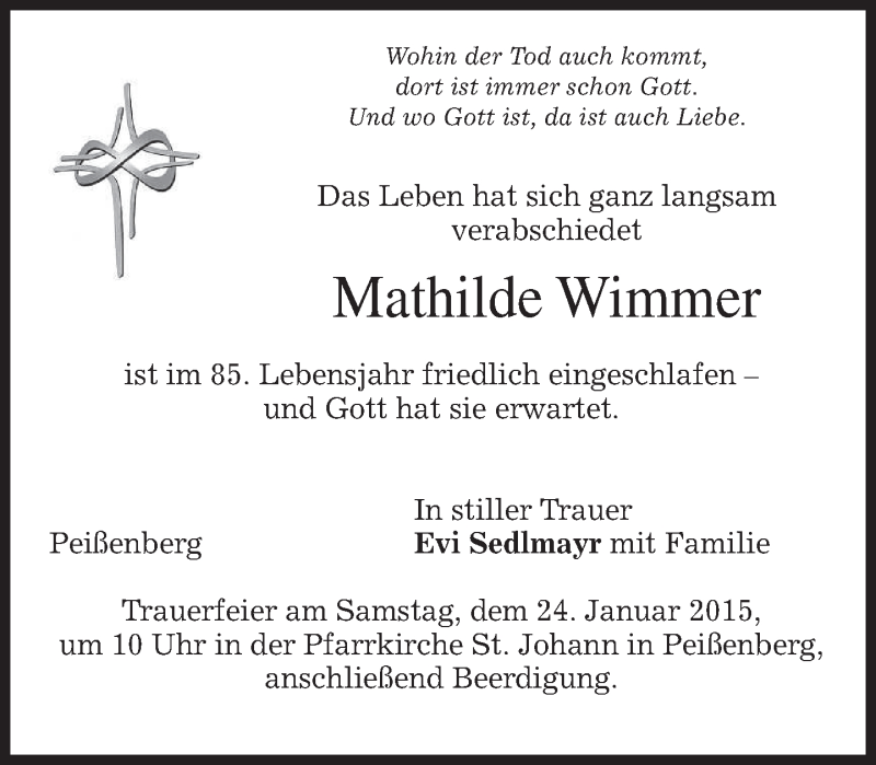  Traueranzeige für Mathilde Wimmer vom 23.01.2015 aus merkurtz