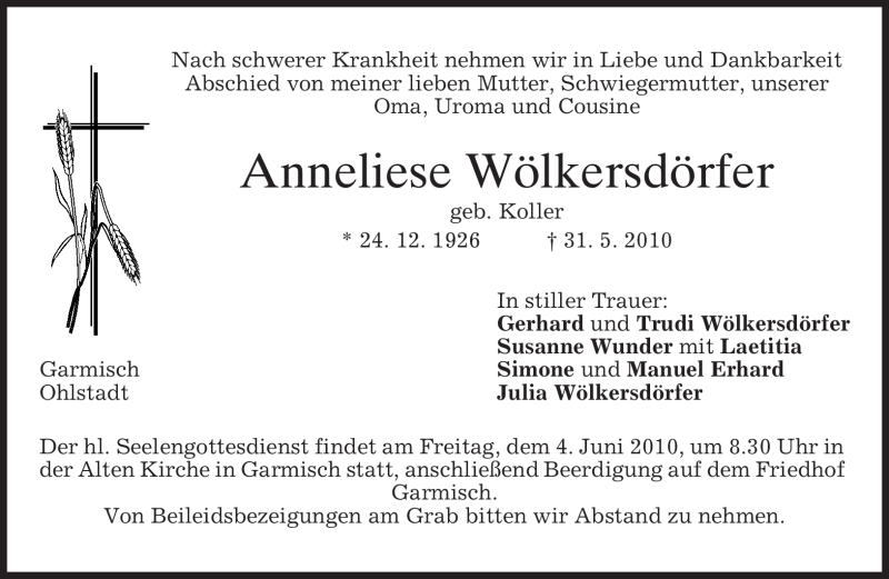  Traueranzeige für Anneliese Wölkersdörfer vom 01.06.2010 aus MERKUR & TZ