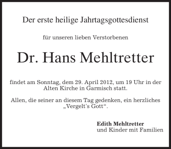 Traueranzeige von Hans Mehltretter von MERKUR & TZ